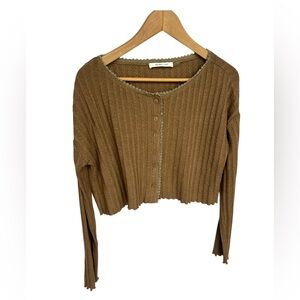 Mustard Seed Brown Cropped, Ribbed Button-Up Cardigan Lace Trim-  Small